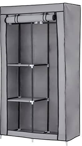Baroni Home Armadio in Tessuto Richiudibile, Pieghevole Salvaspazio con Struttura in Ferro per Camera da Letto, Grigio, 2 Ripiani Laterali, 1 Barra Appendiabiti, 88x45x160 cm