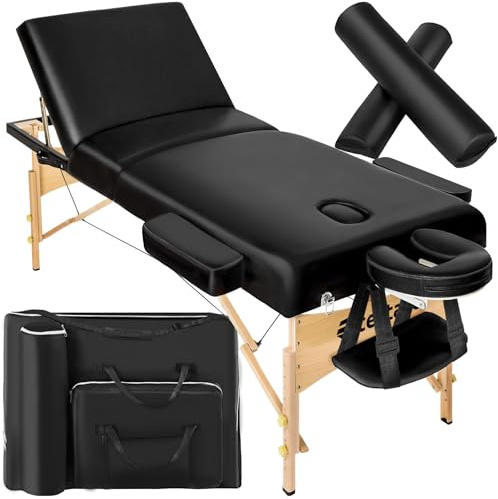 tectake® Portable Massage Table with 3 Zones, Foldable and Adjustable Table, Thick Padding, Soft Imitation Leather, Sturdy Wooden Frame, Includes Storage Bag and Bolster Set, Beauty & Therapy - Black
