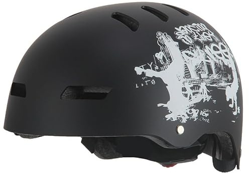 Kinder Fahrradhelm AERO – Fahrrad Halbschalenhelm für Kinder, ABS-Schale, robuster Kinderhelm für Radfahren, Skateboarden und Reiten, Schwarz matt mit Print, Größe S, 50 – 56 cm