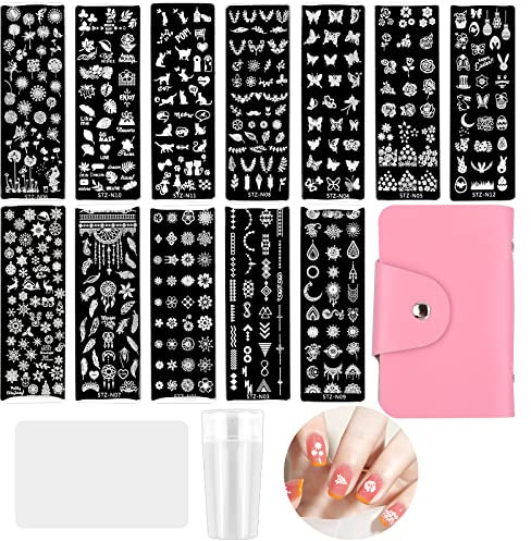 Granvoo 12 Pcs Plantillas para Uñas con y Bolso,Nail Art Stamping Placas Uñas,Nail Stamping Kit,Plantilla Estampado de Uñas Sello,Raspador Silicona Nail Art Stamper,para Nail DIY