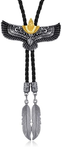 Luofeng Cravate Homme Femme Bolo Américain Métal Aigle Volant Cowboy Corde en Cuir Cravate Collier Western Pendentif Plumes, 100cm, Métal