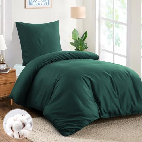 Aisbo Bettwäsche 155x220 Baumwolle Dunkelgrün - Bettwäsche-Sets Bettbezug 155x220 mit Kissenbezug 80x80 cm, Baumwollbettwäsche Set, Oeko-TEX Bettwäsche Grün mit Reißverschluss