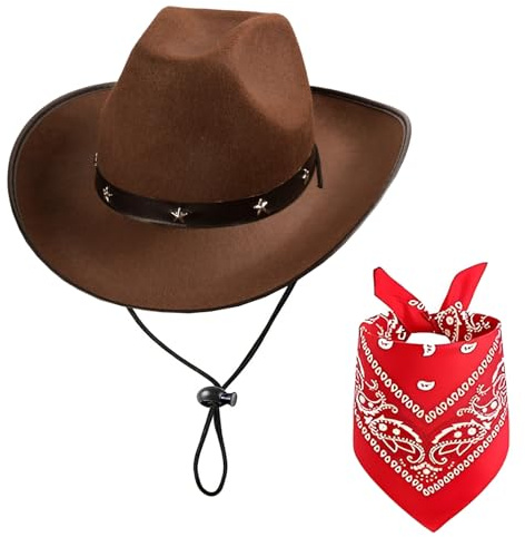 MYKAGS Cowboy Hats for Women and Men with Pull-On Closure, Cowboy Cowgirl Costume Accessories Set, Western Cowboy Hat with Bandanas for Party, Costume Party Perfect Cowboy for Adults, Coffee