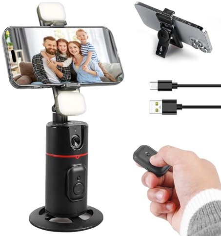 Trípode de seguimiento de la cara del coche para teléfono móvil, rotación de 360°, soporte para teléfono inteligente, soporte para selfie, control de gestos, trípode con mando a distancia y luz de