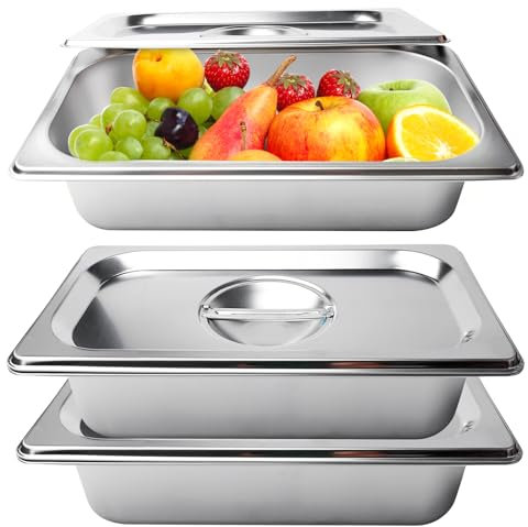 PORFOYO Bandeja Gastro Inox, juego de 3 recipientes gourmet de acero inoxidable con tapas, plato de acero inoxidable con tapa, plato de acero inoxidable 32,5 x 17,6 x 6,5 cm GN 1/3 para empanado