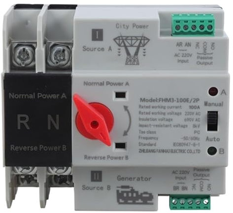 Commutateurs de transfert automatiques double puissance 2P 100 A, commutateurs de sélection électriques montés sur DIN for onduleur et générateur