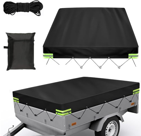 Bâche 420D PVC Renforcée pour Remorque 1.8x1.2m - Imperméable, Coins Triples Renforcés avec Bandes Réfléchissantes pour Camionnettes & Caravanes (Black,207 X 114 X 10cm)