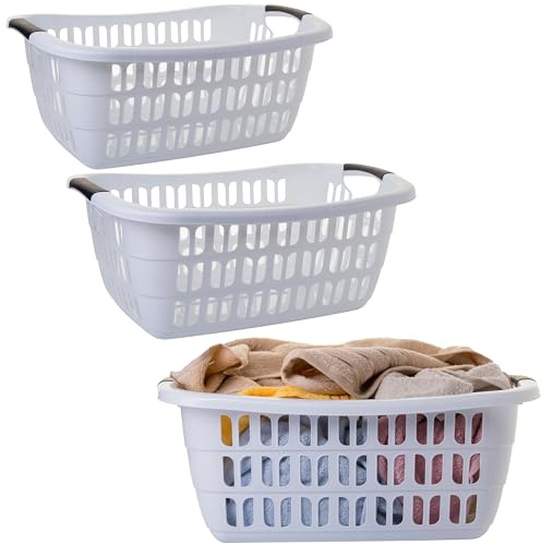 Sustania Set di 3 vaschette per la biancheria, grandi cesti portabiancheria in plastica bianca, 55 x 37 x 20 cm, 30 l, con manici ergonomici, contenitore ventilato per la casa