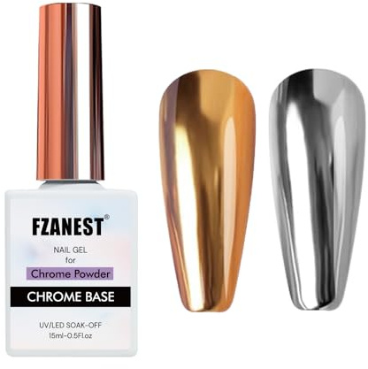 FZANEST Chrome Base Coat Gel Base Top Coat for Chrome Nail Powder 15ml No Wipe Clear Gel Nail Polish High Gloss Mirror Shine Long Lasting Easy Application Soak off DIY Home Salon Art Design