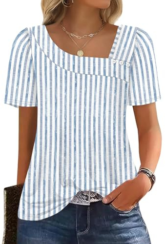 WIHOLL Womens Tops Summer Easter Outfits Spring Fashion Clothing Short Sleeve Shirts 2026 Trendy Dressy Casual Cruise Travel Essentials Vacation Blouses Blue Stripes L