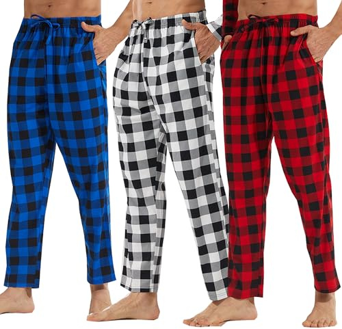 BEGIANT Set med 3 rutiga pyjamasbyxor för män, med fickor och dragsko, lätta avslappnade byxor