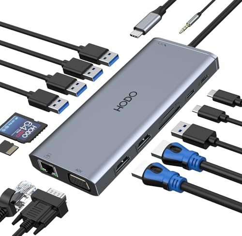 HODO Estación de carga para ordenador portátil 2 monitores, estación de acoplamiento USB C triple pantalla, concentrador USB C 14 en 1 con 2 HDMI, VGA, Ethernet, USB-C, 5 USB, 100 W PD, SD/Micro SD