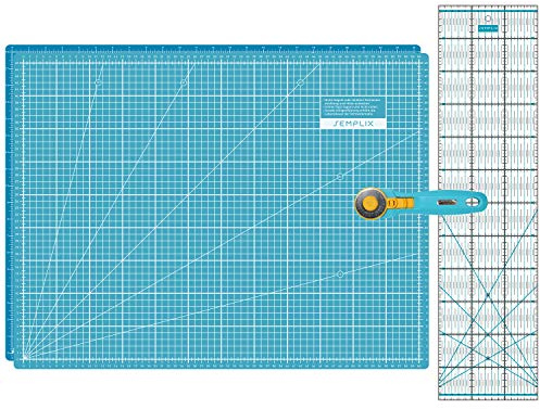 SEMPLIX Skärmattor set – skärunderlag 60 x 45 cm (A2), rullskärare Maxi 45 mm, patchwork linjal 60 x 15 cm (turkos/petrol)