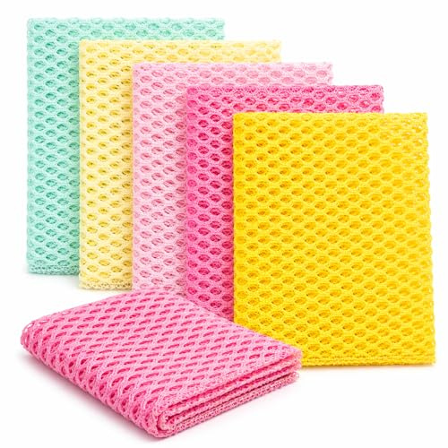 OliviaTree Dish Scrubber 5 Pack, Non Scratch Reusable Mesh Scrub Cloth for Washing Dishes Pots Pans Sink, Quick Dry Odor Resistant Sponge Alternative, Korean Kitchen Cleaning Pad 11 x 11 Inch