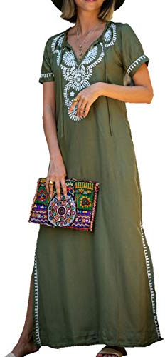 YouKD Verano Algodón Bordado Floral Flojo Caftán Boho Vestido de Bikini de Playa Bata de Talla Grande para Mujer