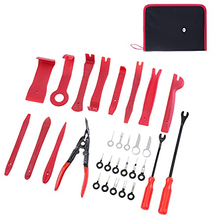 TOPWAY Herramientas Kit Desmontar Coche 30PCs, Herramienta de Eliminación de Palanca de Reparación de Panel Audio Puerta Automóvil con Pinzas de Clip de Sujeción 405750