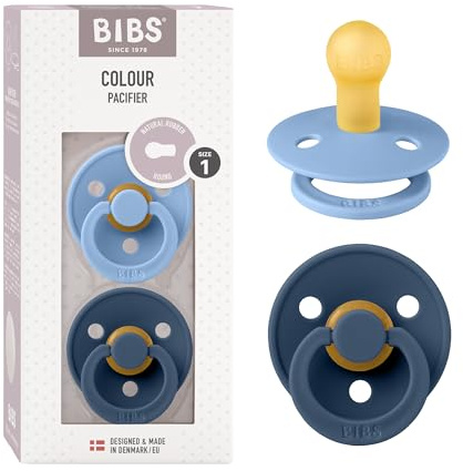 BIBS Colour Soother 2-Pack, BPA Free Dummy Pacifier, Round Nipple. Natural Rubber Latex, Size 1 (0-6 Months), Sky Blue/Steel Blue