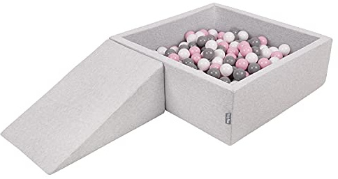 KiddyMoon Area di Gioco in Schiuma con Quadrato Piscina di Palline (200 Palline) per Bambini, Grigioch:Bianco/Grigio/Rosa Chiaro