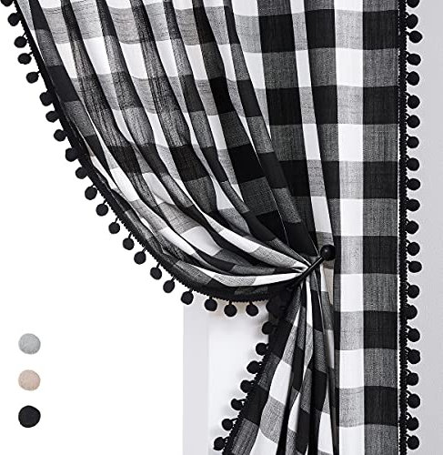 Black Buffalo Check Curtains Pom Pom Rustic Farmhouse Black White Plaid Curtain Panels for Nursery Kids Light Filtering Linen Semi Sheer Window Drapes for Bedroom, Pencil Pleat, 40 x 54 Inch, 1 Pair