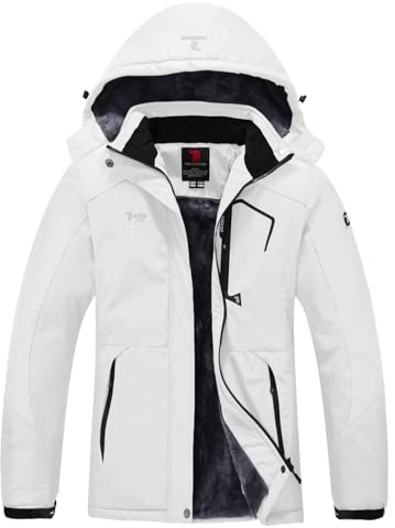 YSENTO Chaqueta de invierno para mujer impermeable, chaqueta de esquí para exteriores, chaqueta softshell cálida, chaqueta de forro polar, chaqueta funcional con capucha desmontable, Blanco, S