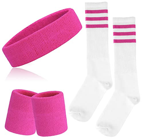ONUPGO 5-teiliges gestreiftes Schweißband und Socken-Set, gestreiftes Stirnband, Schweißbänder, gestreifte hohe Socken für Männer, Frauen, Sport und 80er-Party (Pink/White/Pink)
