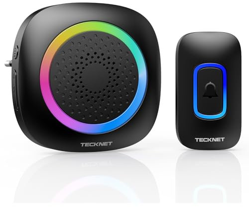 TECKNET Funkklingel, 400M Funk Reichweite Türklingel Set mit RGB Licht, IP66 Aussen Wasserdicht Haustür Klingel mit Plug-in Empfänger, 60 Klingeltönen, 5 Lautstärke Stufen und LED-Blinken
