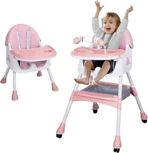 Tronas de Bebé Ajustable Trona Portatil Multifuncional Silla de Comer para Bebé con Plato Desmontable de Cena y Cinturón de Seguridad, 72x60x94CM (rosa)