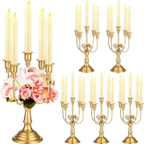 Hushee 6 Pcs Gold Candelabra Candle Holders 5 Arm 12 Metal Candlestick Holder Gold Candelabra Centerpieces for Tables Wedding Holiday Birthday Party Event Reception Decor, Just for LED Candles