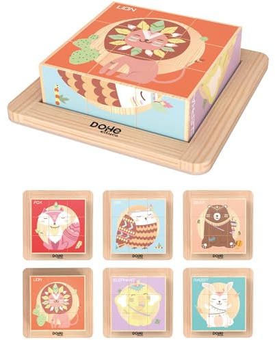 Dohe Educa - Puzzles 3D Cubos de Madera (6 uds.) - 9 Bloques por Puzzle y Base, Temática de Animales, Rompecabezas Infantil, Juguete Método Montessori, Material Escolar y Educativo