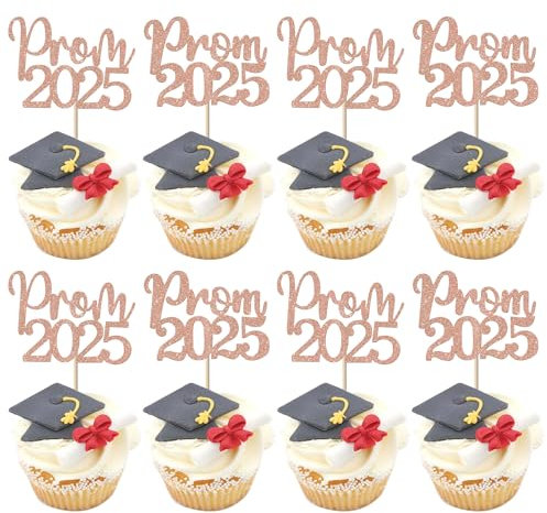 SYKYCTCY 24 Pack Prom 2025 Graduation Cupcake Toppers Glitter 2025 Prom College Cupcake Picks for Congrats 2025 Graduation Class of 2025 Theme School Party Cake Decoration Supplies Rosegold