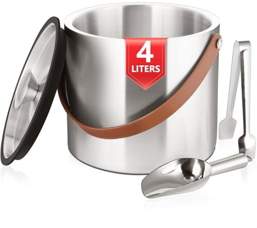 Bakpoco 4L Ice Bucket with Lid, Scoop,Tongs & Strainer, Stainless Steel Double Wall Insulated Ice Buckets for Parties & Cocktail Bar, Large Outdoor Champagne Ice Container, Light Brown Handle