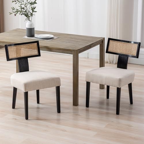 Ya-Home Dining Chairs 2PCS with Rattan Backrest Wooden Kitchen Chair, Black | Mid Century Farmhouse Style, Natural Rattan，Comfortable Linen Seat, Sturdy Wooden Legs, for Dining Room/Kitchen/Restaurant