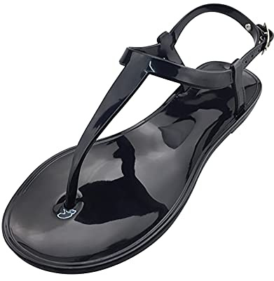 Mjuka plastgeléskor, sommarsandaler med strass, pärlor, koncisa strandskor, gelé, damskor enfärgade, platta sandaler, transparent, glitter, tåställssandaler, gummi, fritidssandaler, svart, 37 EU