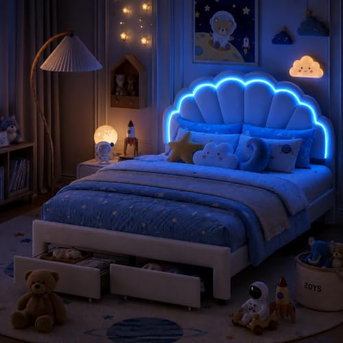Vadderad säng 140 x 200 för barn med LED-ljus, dubbelsäng med sammet 140 x 200, barnsängar med kronbladsformad sänggavel, sängbotten med träribbor, säng för tonåringar (vit, 140 x 200 cm)