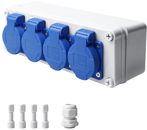 Distribuidor de enchufes Schuko de 230 V, IP44, distribuidor de corriente, 16 A, distribuidor de pared, caja de distribución de pared, distribuidor de pared para interiores y exteriores
