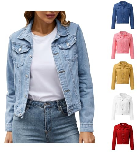 Ladies Denim Jackets, Womens Long Sleeve Casual Trucker Jean Jacket, Classic Button Up Outerwear Coat for Spring, Autumn