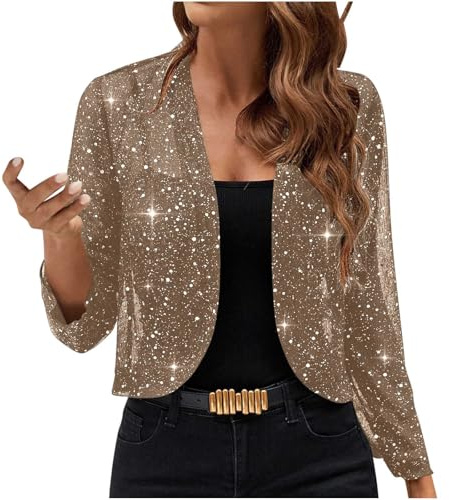 Sequin Cardigans for Women UK Casual Elegant Party Open Front Cardigans Lightweight Jackets Sparkly Long Sleeve Cardigan Coats Outerwear Ladies Shrugs and Boleros for Evening Club Khaki