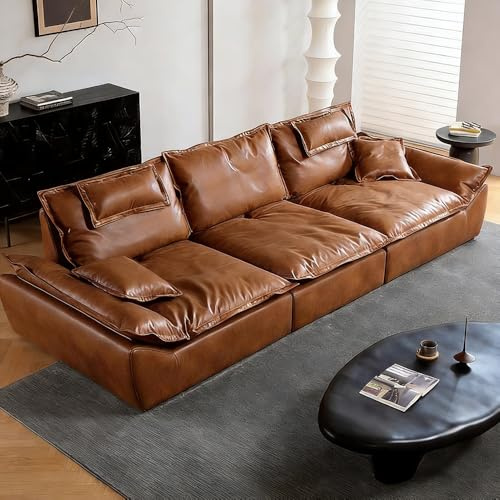 Medeltida retro brun lädersoffa, massiv träram, rymlig och mjuk soffa, modern stor storlek, lämplig för vardagsrum/kontor/lägenhet.