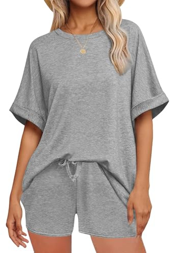 NLAND Tuta da Donna Estiva 2 Pezzi Girocollo a Maniche Corte a Pantaloncini Vita Alta con Tasche Completo Sportiva Due Pezzi Casual(Grigio,L)