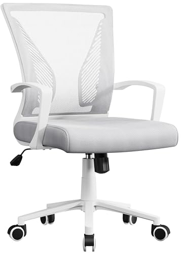 Yaheetech Kontorsstol ergonomisk, skrivbordsstol med nätspänning, arbetsstol med armstöd, chefsfåtölj av nät, höjdjusterbar datorstol 136 kg, andas, gungfunktion, ljusgrå