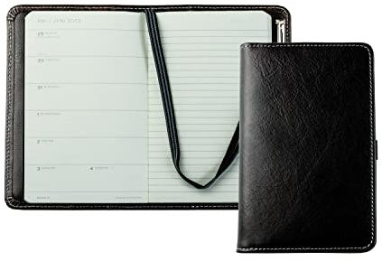 DELMON VARONE - Personalisierbarer Taschenkalender 2026 Anilin Leder schwarz - Organizer Terminplaner (1 Woche 1 Seite) - Buch-Kalender Ledereinband - Notizbuch Kalenderbuch mit Stiftschlaufe