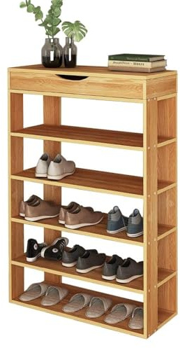 SogesPower Schuhregal mit Ablagefach Schuhschrank mit Stauraum mit 5 Ebenen aus Holz Schuh-Organizer Schuhablage Schuhständer für Wohnzimmer, Diele, Flur