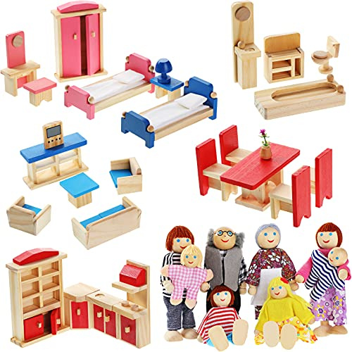 Sumind 35 Pcs Wooden Dollhouse Furniture with 8 Family Figures, Montessori Educational Wood Dolls House Accessories for 1:12 Scale, Preschool Imaginative Play Kit for Girls and Boys