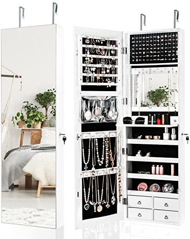 COSTWAY Smyckesskåp med LED-belysning, smyckeshylla med helkroppsspegel, säkerhetsskåp med 4 lådor, 4 hyllor för smycken och kosmetika, skåp, dörr- och väggmonterad (vit)