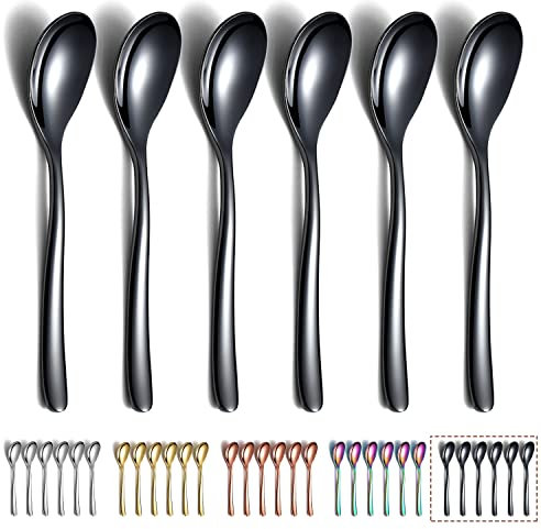Lot de 6 cuillères à café noires Kyraton 14cm en acier inoxydable avec revêtement en titane Cuillères à café noires Cuillères à expresso Cuillères à dessert mini cuillères au lave-vaisselle