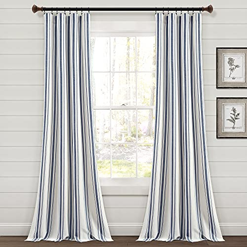 Lush Decor Farmhouse Stripe Yarn Dyed Eco-Friendly Recycled Cotton Window Curtain Panel Pair, 42 W x 108 L, Navy - Classic Modern Rustic Charm - Eco Friendly Cotton Fabric