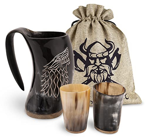 VIKING CRAFT® Trinkhorn Wikinger Krug 600ml - Großer Hornkrug Fenrir und 2 Becher für Deinen Wikinger Met Honigwein - Hornbecher, Wikinger Deko, Mittelalter, LARP