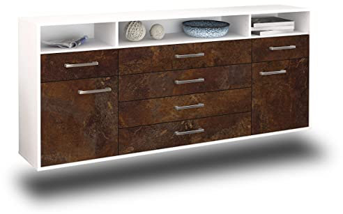 Lqliving Kommode Sideboard Bellevue, Korpus in Weiss matt, Front im antik rostigen Industrie-Design (180x77x35cm), inkl. Metall Griffen, Wandmontage, Made in Germany