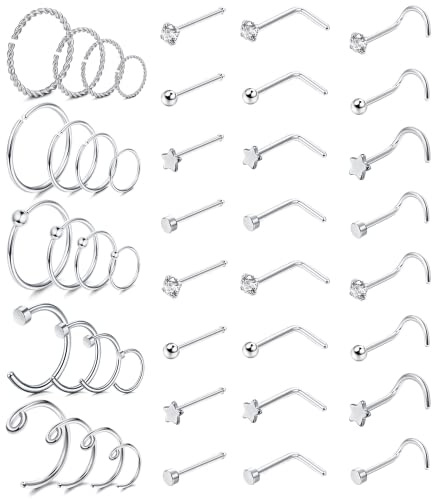 Dochais Set 44 Pezzi Piercing Naso Acciaio Inossidabile, Forma di L, Ipoallergenico, Borchia al Naso per Donna Uomo 20G