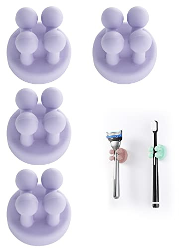 Silicone Toothbrush Holders Multi-Function Hook Razor holder Waterproof | SelAdhesive Wall Mounted Single Hook for Wall or Glass for Hanging Bathroom Kitchen Living Room Office (Purple 4pcs)